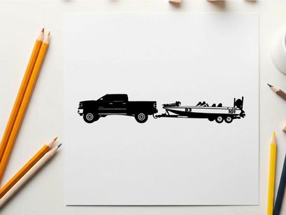 Silhouette of a pickup truck towing a boat trailer