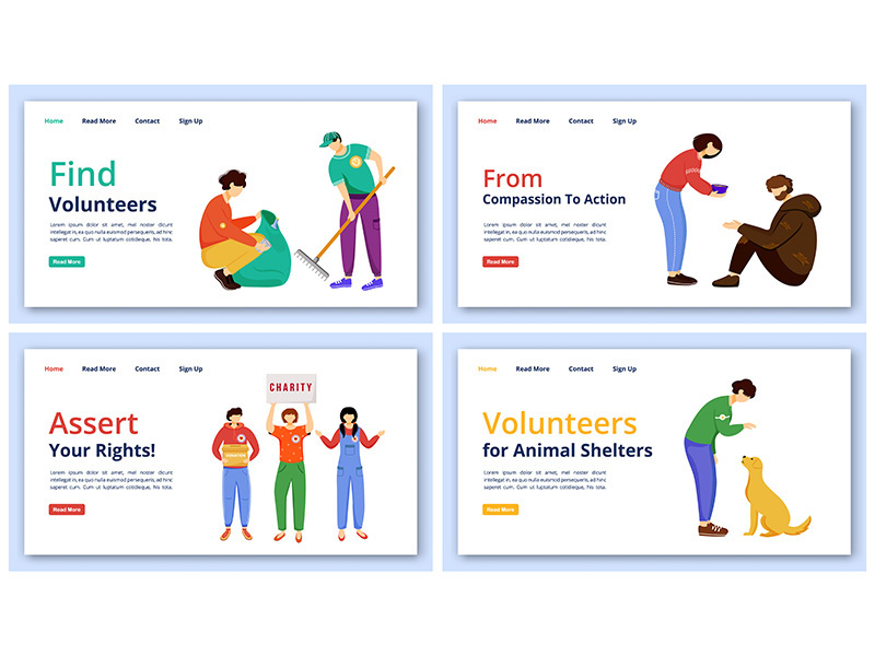Voluntary activities landing page vector templates set