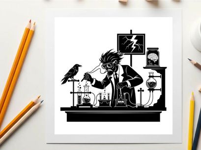 Mad scientist in lab with raven and silhouette equipment
