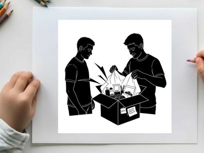 Two men examining contents of a box silhouette