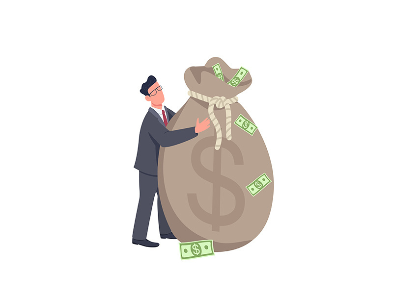 Businessman holding big money bag flat concept vector illustration