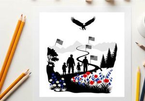 Family silhouette walking on a path with flags and eagle silhouette