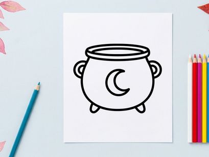 Witch cauldron icon with moon symbol. Black and white vector illustration of magic pot.