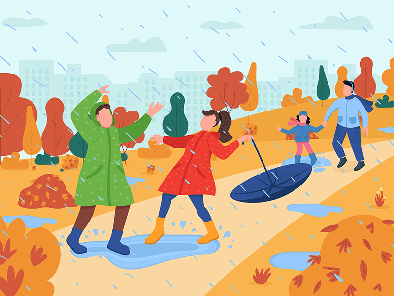 Kids play in rain semi flat vector illustration
