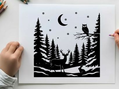 Silhouette of deer and owl in forest under crescent moon