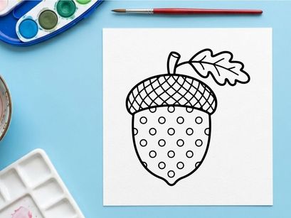 Acorn line art icon. Hand drawn nut illustration with leaf and polka dot pattern.