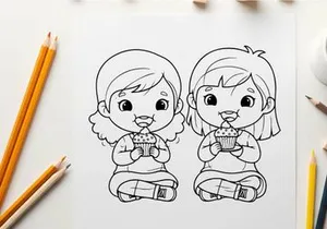 Twin girls eating cupcakes vector illustration flat design