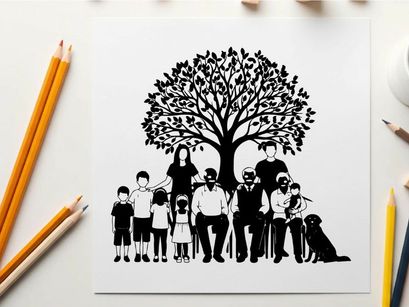 Family silhouette standing under a tree with a dog