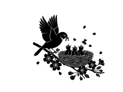 Silhouette of a bird feeding its chicks in a nest with berries