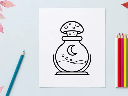 Botella de poción de dibujos animados adorable con diseño de luna y estrellas. Tarro de elixir mágico caprichoso para temas de fantasía y Halloween.