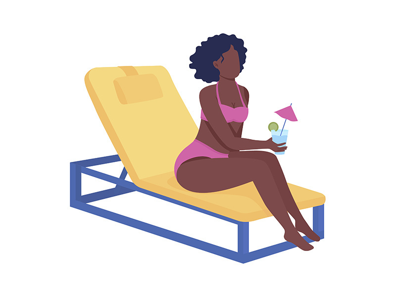 Girl enjoying tropical drink on beach semi flat color vector character