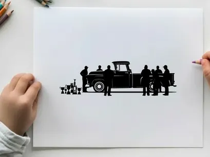 Silhouette of people standing around a classic pickup truck