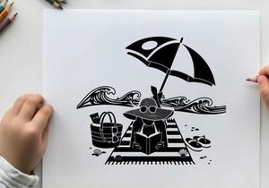 Beach scene silhouette with umbrella and beach bag