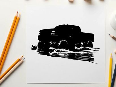 Silhouette of a pickup truck driving through water