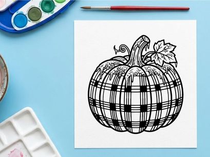 Plaid pumpkin line art illustration. Autumn harvest drawing with buffalo check pattern.