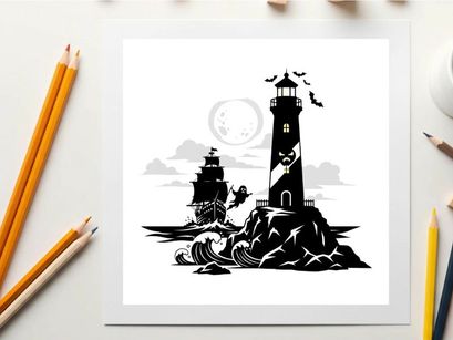 Silhouette of a lighthouse on a rocky coast with a ship