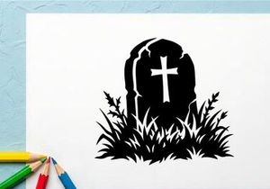 Silhouette of a gravestone with cross in a grassy cemetery scene