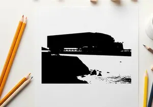 Silhouette of a large building near a body of water