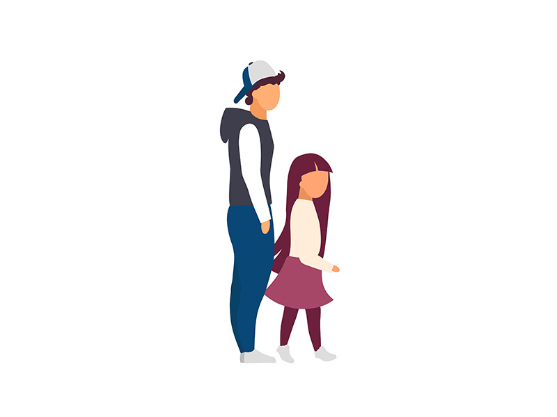 Sibling walking together flat color vector faceless characters