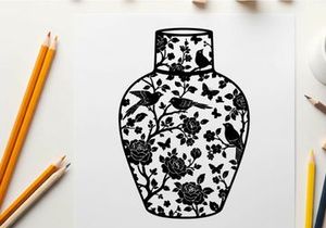 Silhouette of a decorative vase with floral pattern and birds silhouette