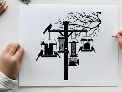 Silhouette of birds on snowy bird feeders in winter