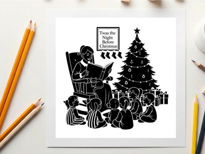 Silhouette of a woman reading to children on christmas eve