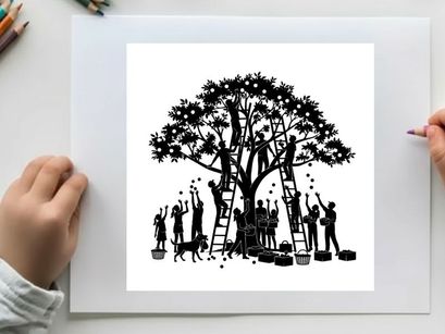 Silhouette of people picking fruit from a tree with ladders and dog