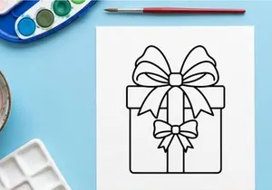 Icono de caja de regalo navideña con moño, ilustración vectorial simple en blanco y negro de arte lineal