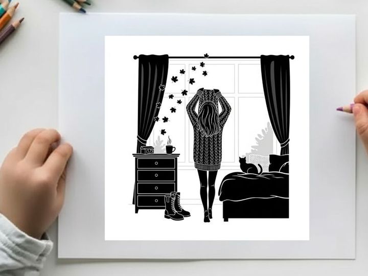 Woman in silhouette standing by window with curtains and cat on bed
