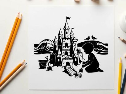 Silhouette of child building sandcastle on beach by sea