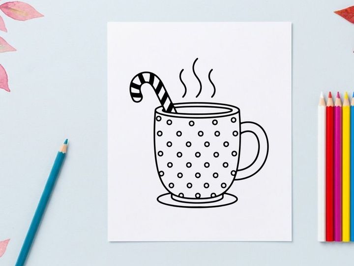 Heißer Pfefferminz-Kakao in weihnachtlicher Tasse mit Zuckerstangen-Rührstab dampfend am Weihnachtsmorgen
