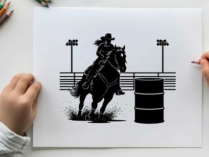 Silhouette of cowboy riding horse around barrel racing silhouette