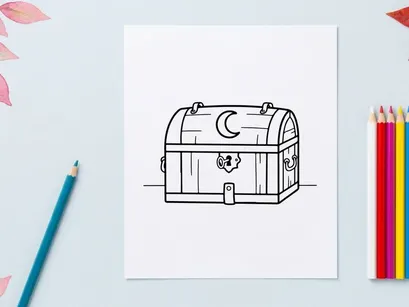 Ilustración de cofre del tesoro clásico con luna y llave. Diseño vectorial de caja de botín pirata vintage para temas de aventura.
