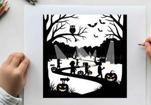 Halloween silhouette of children trick or treating in a spooky graveyard at night