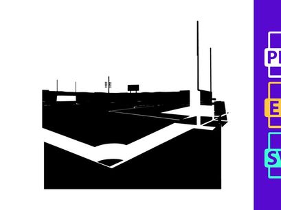 Rugby stadium goal post on a dark field with white lines and lighting towers
