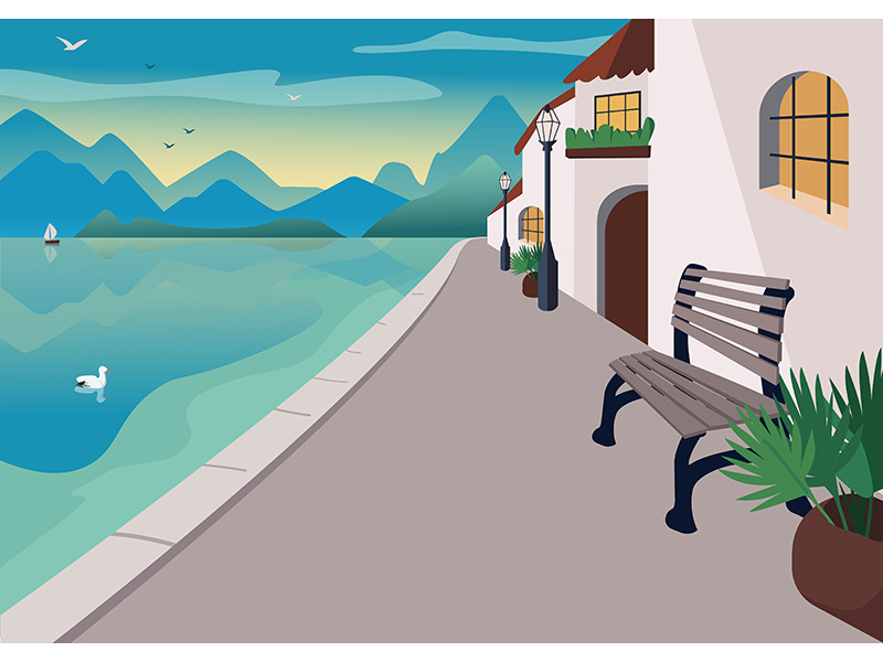 Seaside resort town flat color vector illustration