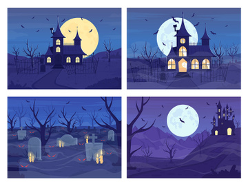 Creepy nighttime flat color vector illustration set preview picture
