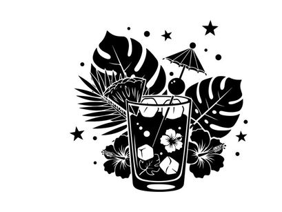 Silhouette of tropical cocktail with umbrella and palm leaves silhouette