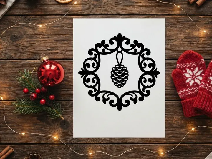 Black silhouette of a pine cone inside an ornate decorative circular frame for Christmas