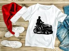 Man riding a lawn mower tractor in a black silhouette illustration