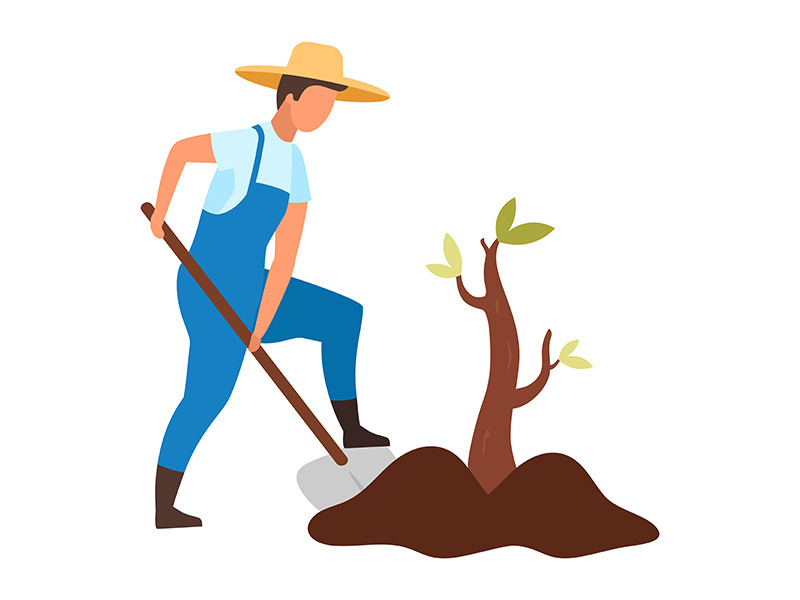 Male farmer planting small tree, sapling flat vector illustration