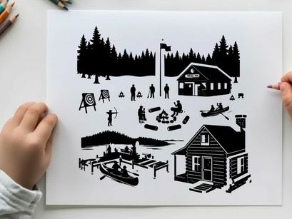 Winter camp silhouette scene with people and buildings