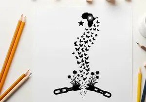 Silhouette of a broken chain with butterflies and flowers emerging