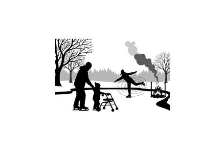 Silhouette of a man and child ice skating in a winter landscape