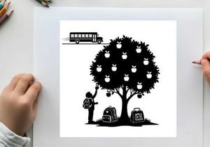 Silhouette of a child picking an apple from a tree near school buses