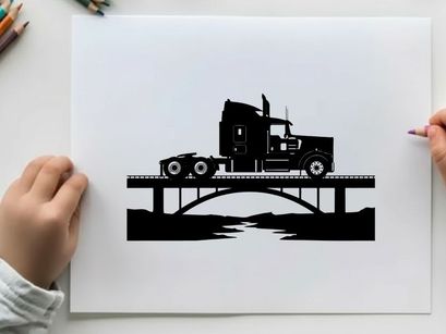 Silhouette of a semi truck on a bridge over a river