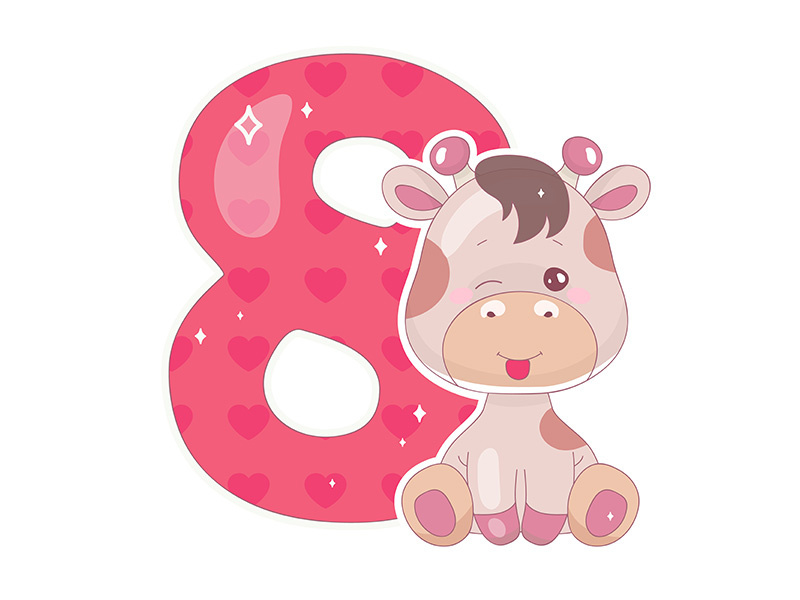 Cute eight number with baby giraffe cartoon illustration