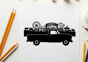 County fair silhouette with pickup truck and amusement park