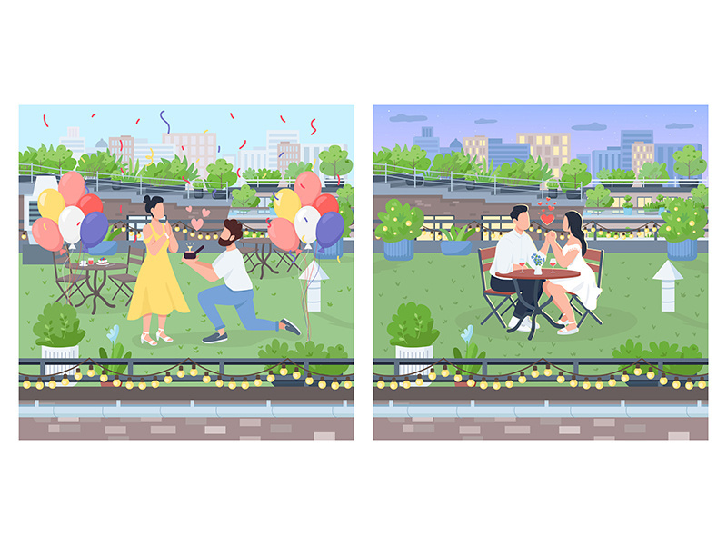 Romantic couple dates flat color vector illustration set