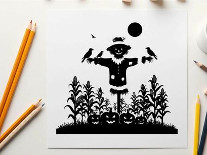 Scarecrow silhouette standing amidst corn and jack o lanterns at night